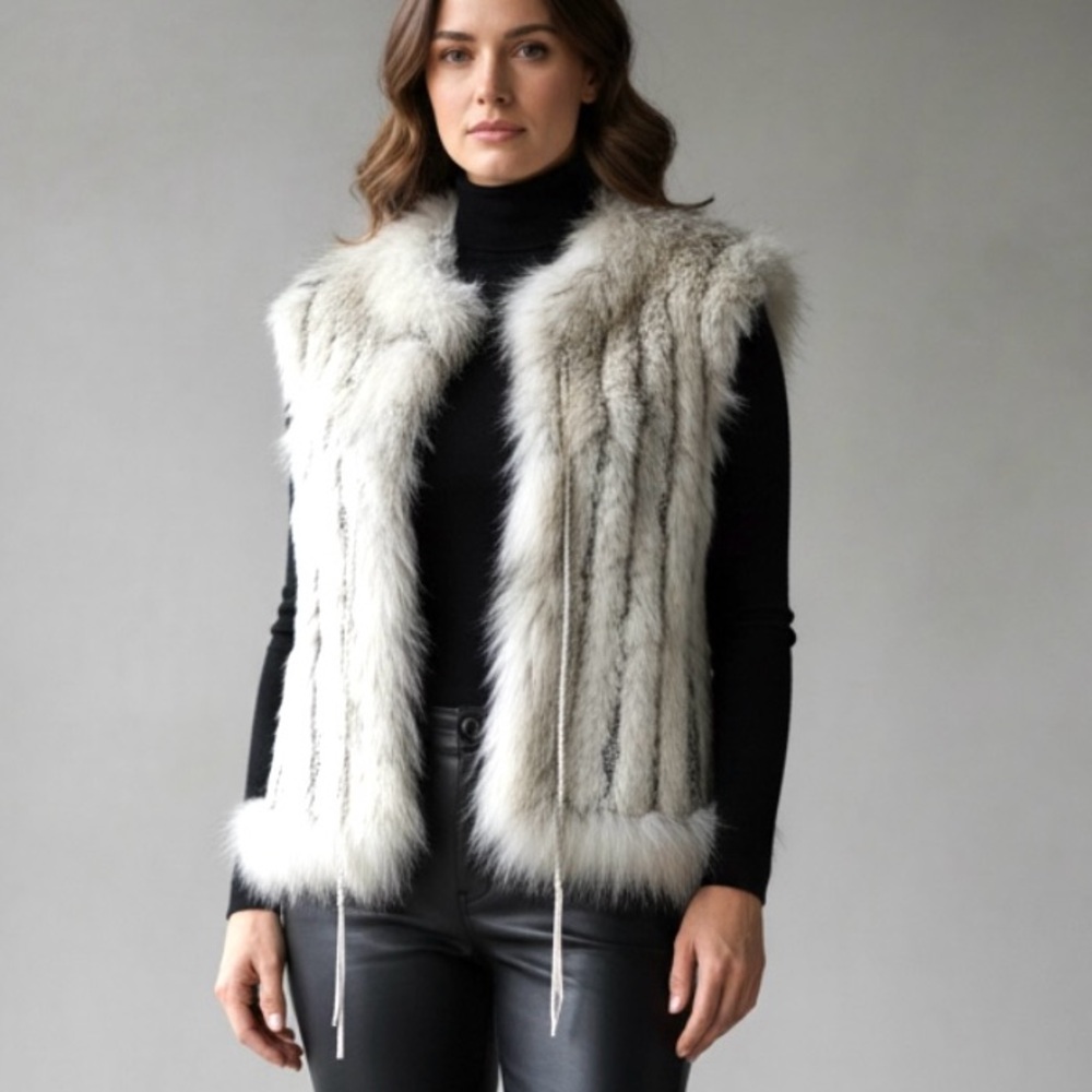 Luxury White Gray Faux Fur Vest - Women's Sleeveless Coat